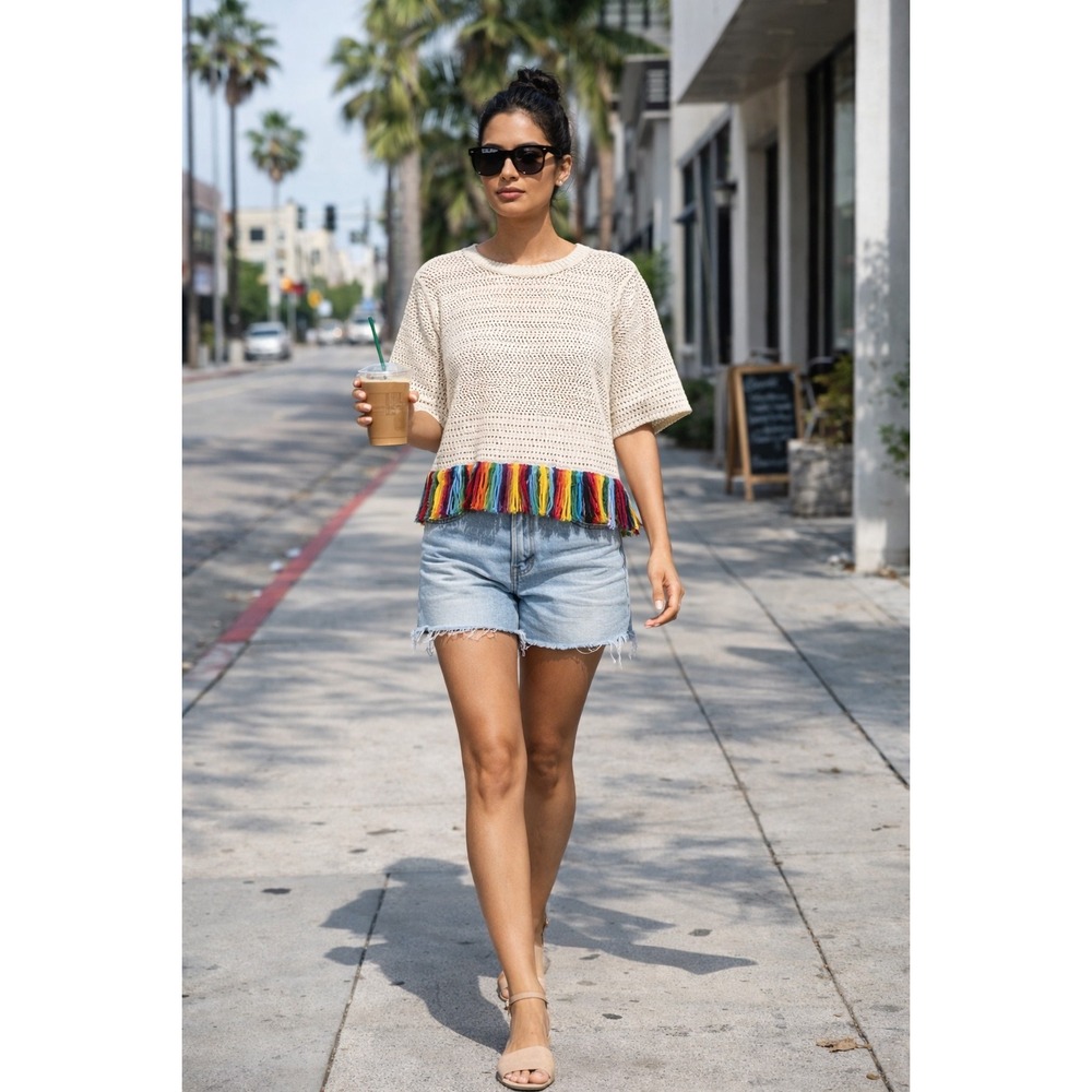ESCVDO Crochet Fringe Hem Top Cream Multicolor Trim  Knit Festival Boho – Size S